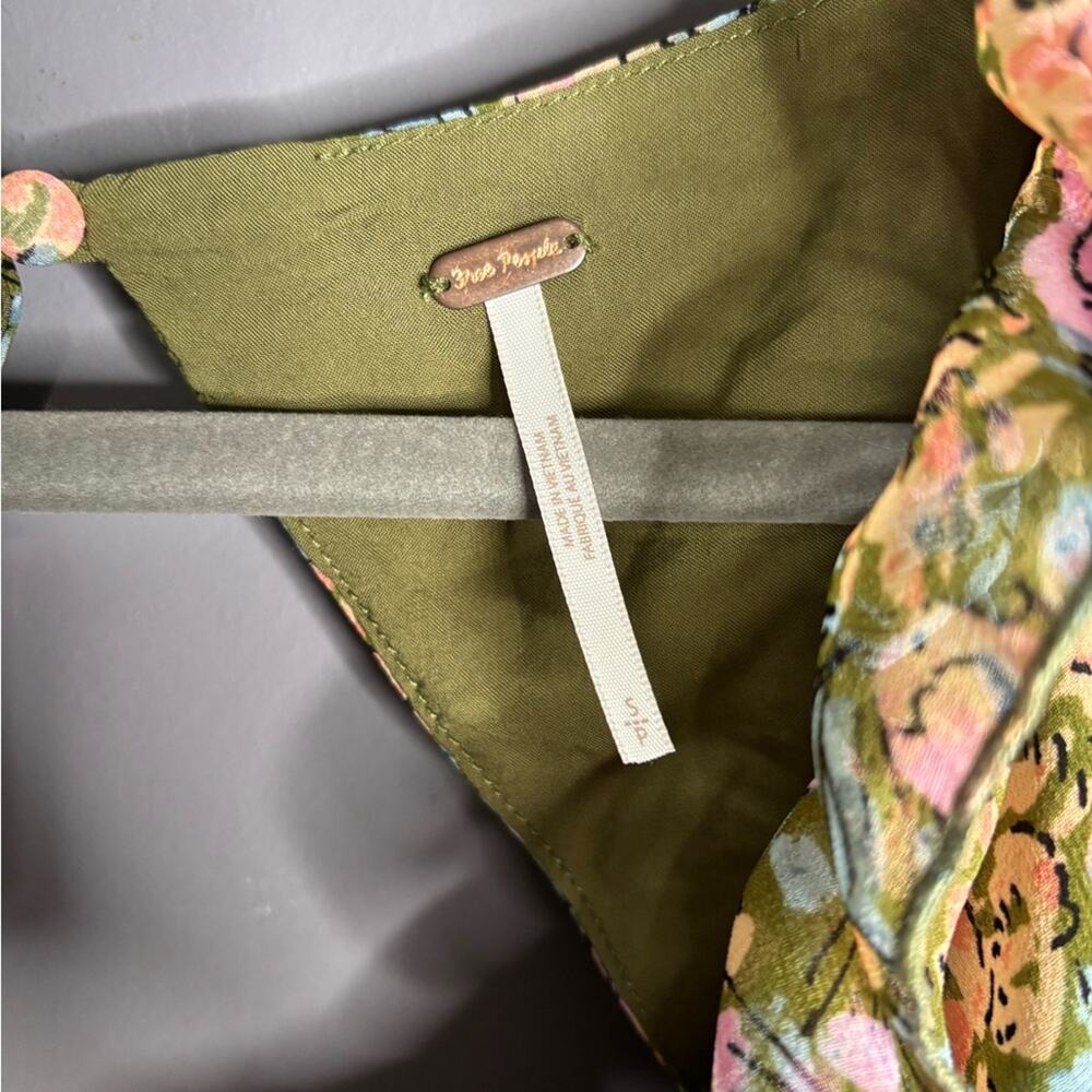Free People Green Pink Floral Long Sleeve Cinched Blouse Back Cutout S - Picture 5 of 7